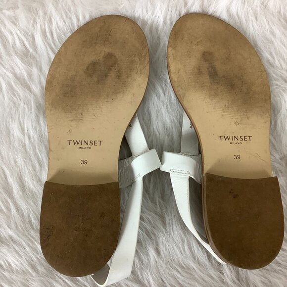 Twinset White Leather Gold Tone & Crystal Logo Flat Sandals 39 - Picture 6 of 6